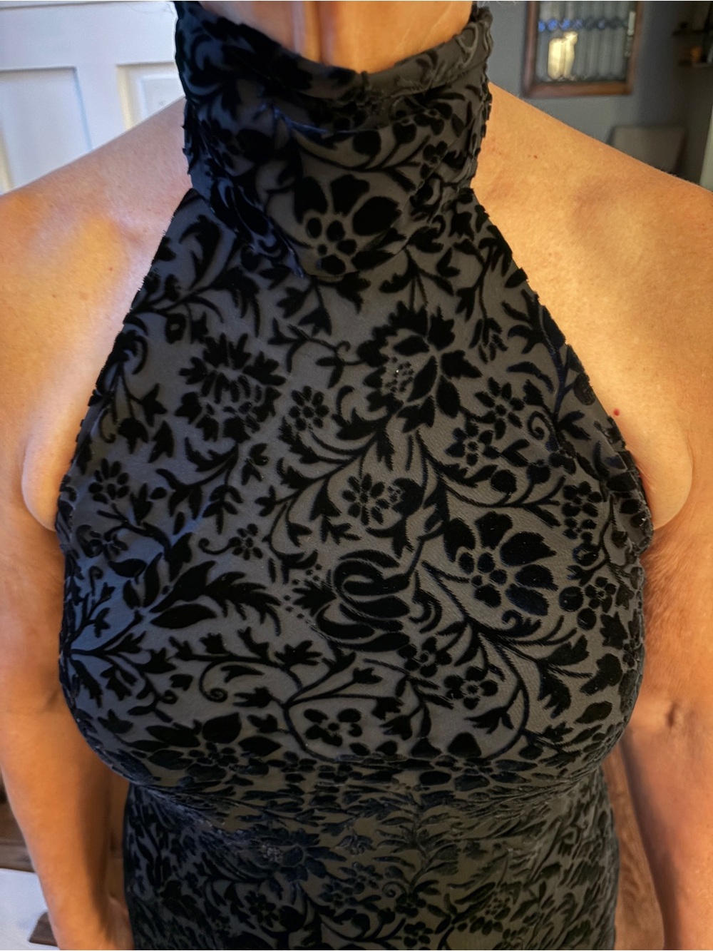 Vintage Ralph Lauren Black Floral Devore Halter Maxi Dress with Short Back Train - Picture 3 of 11